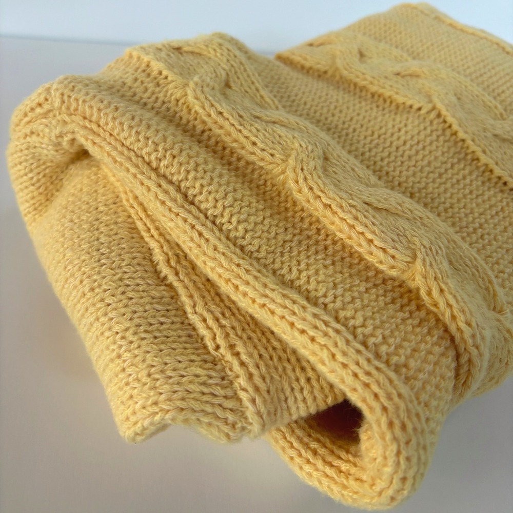 Vintage 90s Chunky Cable Knit Turtleneck Sweater XL Butter Yellow Fisherman Cozy - Picture 8 of 11